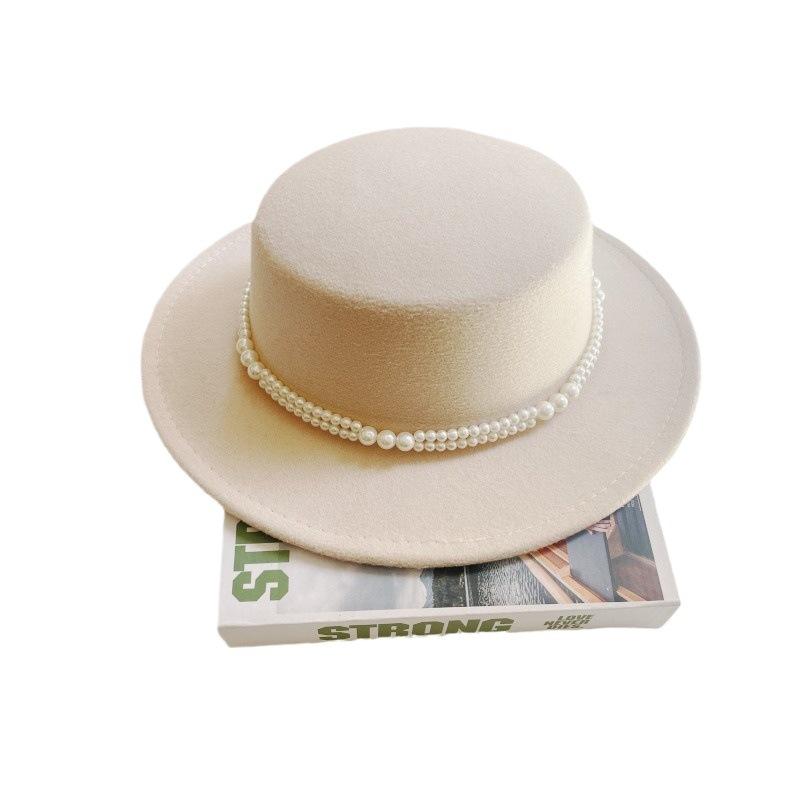 Pearl Chain Flat Top Top Hat Women's Autumn and Winter Warm Woolen Felt Hat Celebrity Retro British Small Fragrant Shopping Fashion Hat