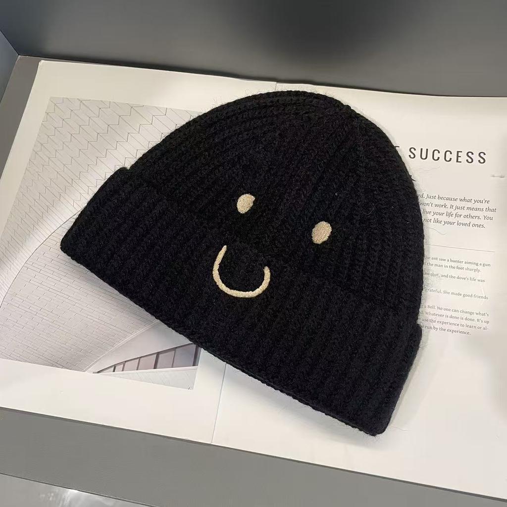 Niche Style Children's Woolen Hat Autumn and Winter Smiley Face Embroidery Boys and Girls Versatile Warm and Cold Hat Pullover Knitted Hat Trendy