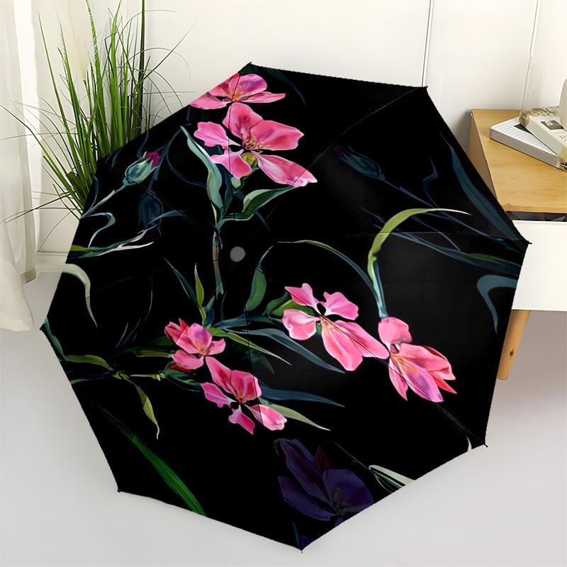 1pc Pink Flowers on Black Background Umbrella with Plastic Handle,Vibrant Cartoon Pattern,Multi-functional UmbrellaB2011