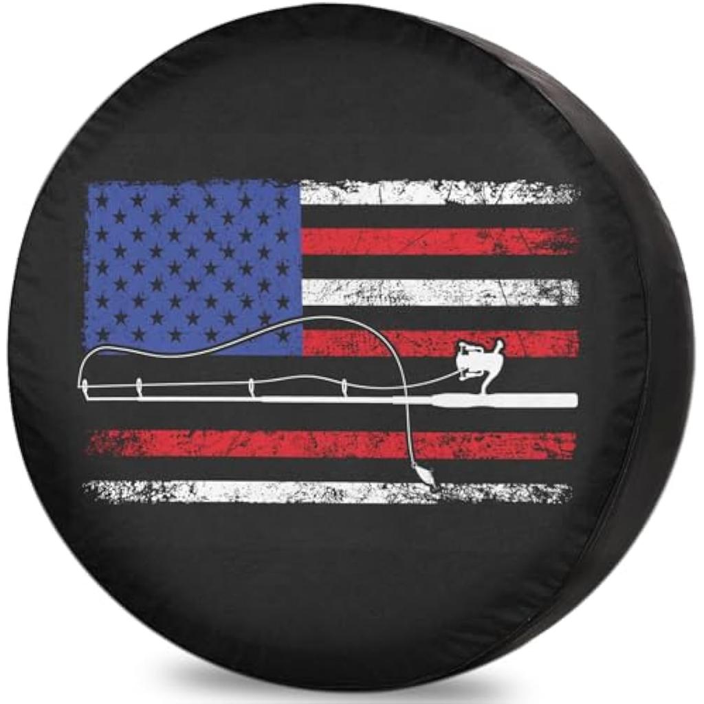 American Flag Fishing Rod Spare Tire Cover Weatherproof Outdoor RV SUV Vinyl Protector