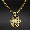 Collier Main Hamsa Lotus pour Hommes Acier Inoxydable Couleur Dorée Œil Maléfique Main de Fatima Cristal Bleu Pendentif Chaîne Bijoux 8075S05