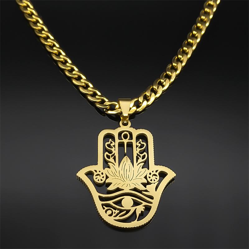 Collier Main Hamsa Lotus pour Hommes Acier Inoxydable Couleur Dorée Œil Maléfique Main de Fatima Cristal Bleu Pendentif Chaîne Bijoux 8075S05