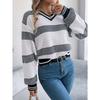 Damen V-Ausschnitt farblich abgesetzter gestreifter Pullover mit Glockenärmeln