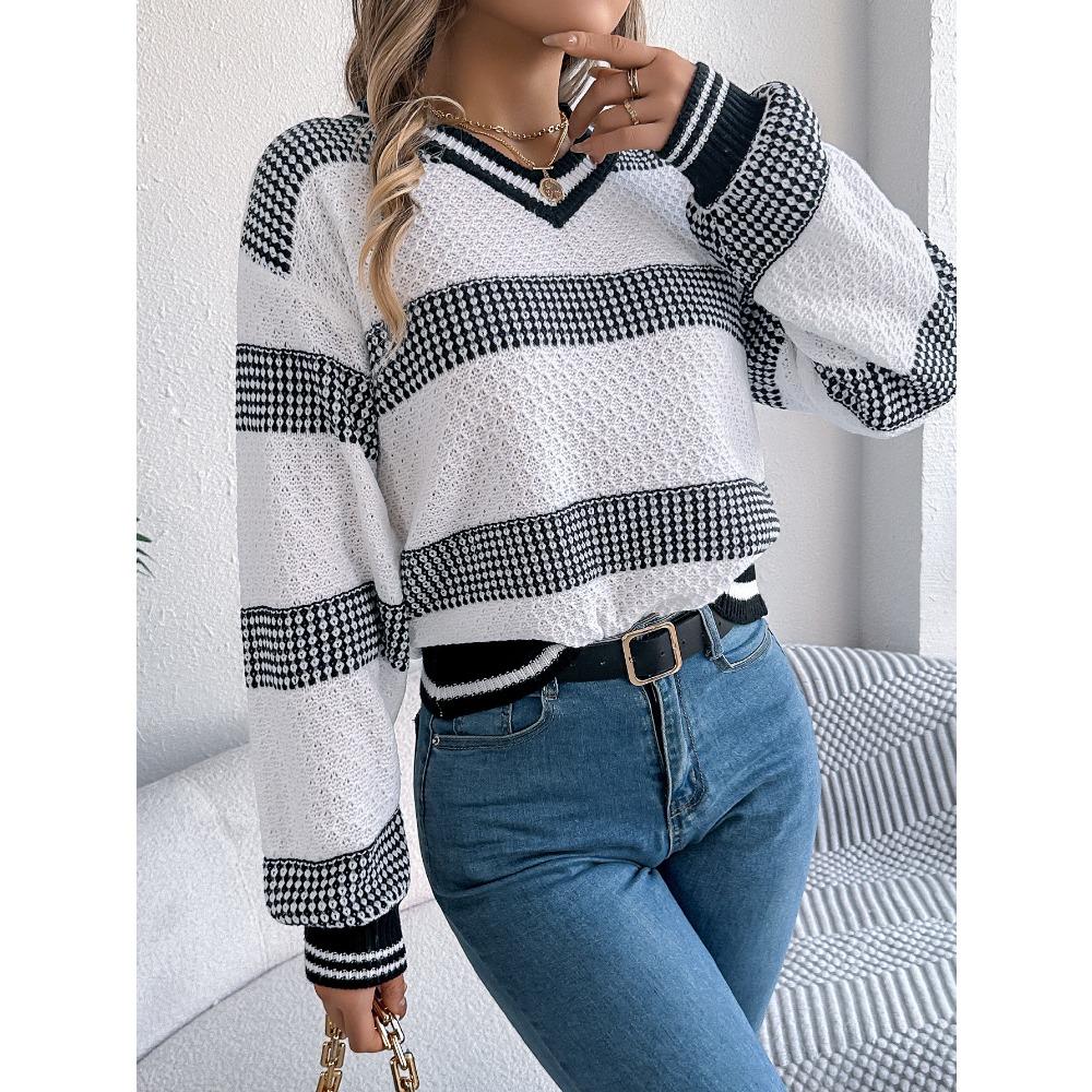 Damen V-Ausschnitt farblich abgesetzter gestreifter Pullover mit Glockenärmeln