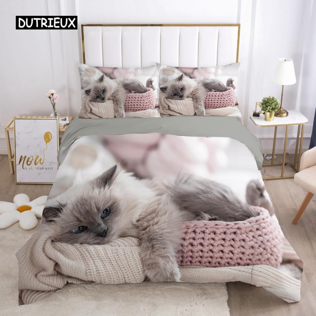 Cat Duvet Cover Set Lovely Animal Kitten Printed Quilt Cover Kids Teens Girl Animal Double Queen King Size Polyester Bedding Set