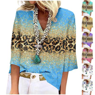 Women's Shirt Blouse Casual Loose Shirts 3/4 Sleeve  Print  V Neck  Tops T-shirts Tee