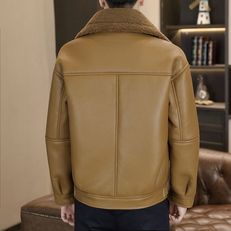 One Piece Fleece Jas Heren Winter Lamshaar Revers met Verdikte Fleece Motorjas Winddicht Leer