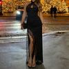 Y2K Spice Girl Temperament Elegant Slim Lace Splicing Split Evening Dress Long Dress Two Wear Neck Halter Dress
