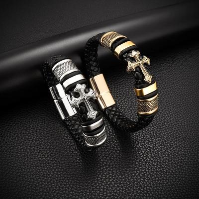 Luxury Mens Bracelet Cross Titanium Steel Vintage Fashion Jewelry Leather Braided Trend Personality Hot Selling Bangles
