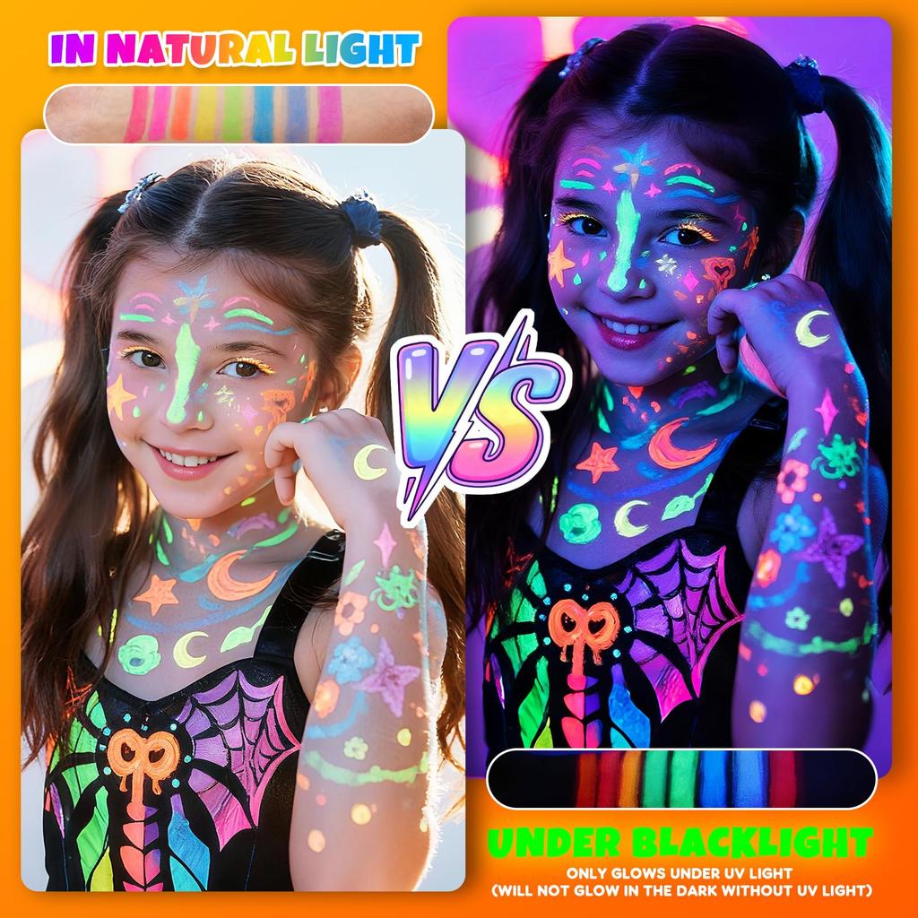 Nsxsu Face Paint Sticks 8 Light Fluorescent Neon Body Paint Crayons for Washable UV Paint Makeup Halloween Glow Party Accessories for Kids