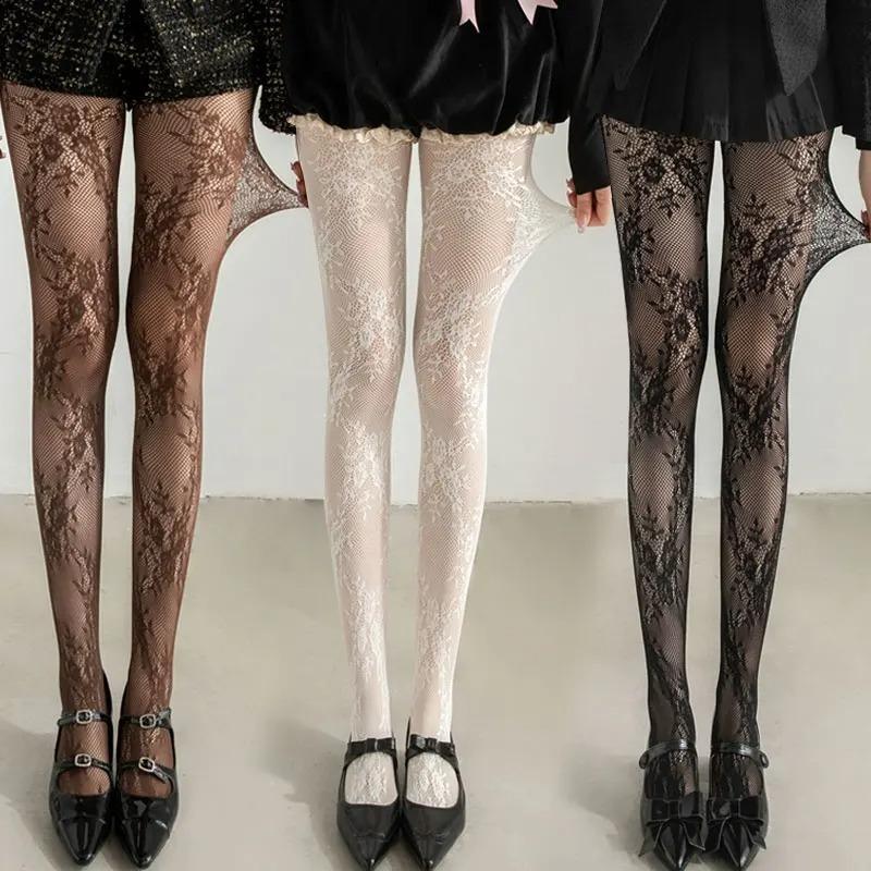 Hollow Flower Pantyhose Lace White Stockings Retro French Black Silk Girl Fishing Net Socks Jacquard Base Socks