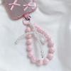 Pink Beaded Bow Keychain Mobile Phone Chain Earphone Bag Anti-Lost Rope Car Keychain Girls Fashion Backpack Pendant Accessories