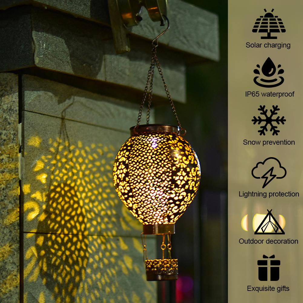 Solar Powered Hot Air Balloon Lantern 600mAh Metal Glowing Hollow Lantern Retro Hot Air Balloon Light for Birthday Holiday Party