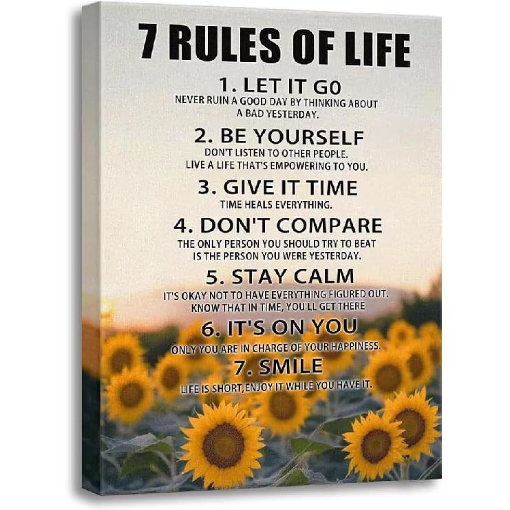 Motivational Wall Decor for Office & Classroom - 7 Rules of Life Pirational Positive Affirmations Wall Art, Sunflowers Uplifting Quotes Canvas