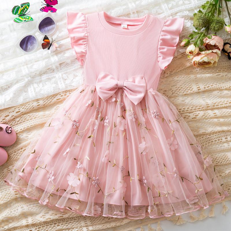 Girl Summer Princess Dress With Floral Embroidery And Tulle For Kids