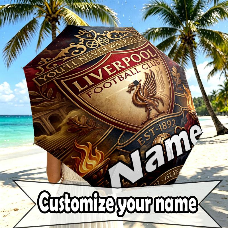 Custom Name Personalized Liverpool Football Club Print Umbrella, Auto Open Close, 8‑Rib Sturdy Frame, Commute Camping Hiking Use, Birthday Gift