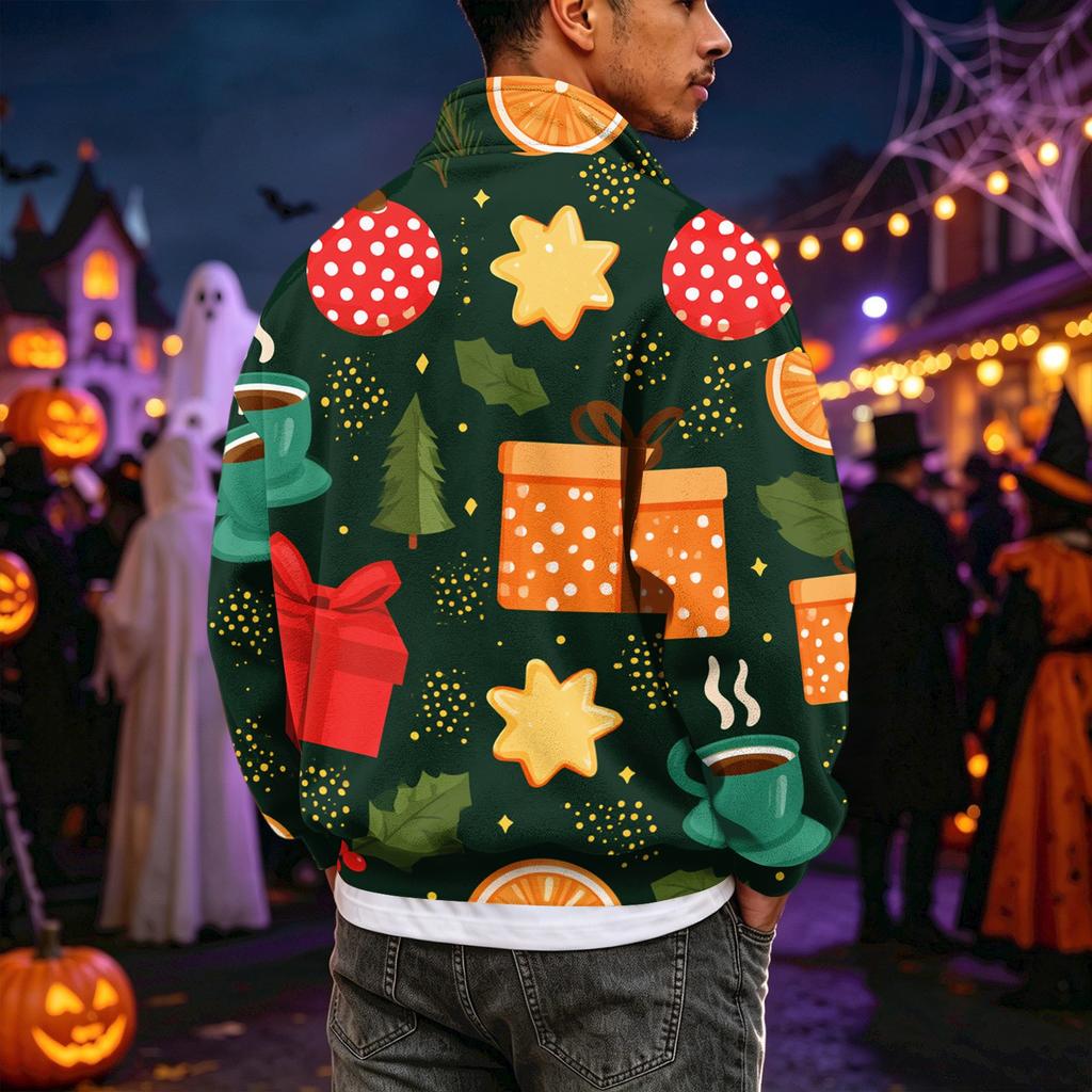 Men's Casual Flannel Quarter-Zip Long Sleeve Sweatshirt with Christmas Print