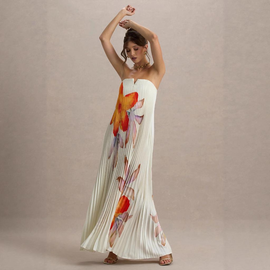 2026 printed tube top loose heavy industry pleated long dress women