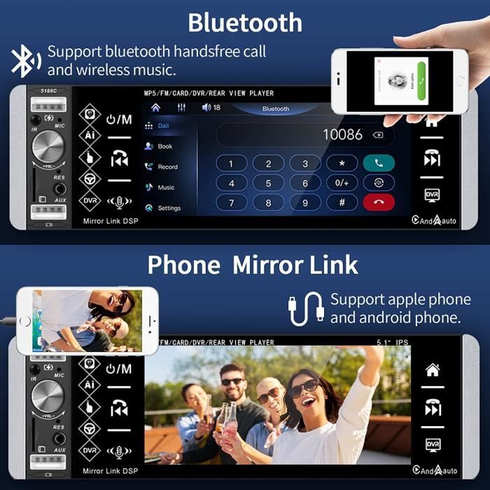 Podofo 1 Din Car Radio with Carplay Android Auto Touch Screen 5" FM Radio Bluetooth Voice Control Double USB AUX SD TF Din [107]