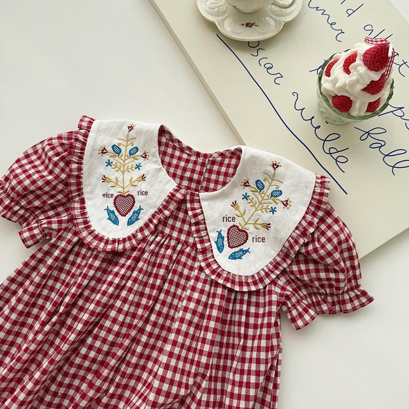 French Doll Collar Floral Embroidery Girls' Dress, Red Plaid, Short Sleeve, Sweet Summer Style