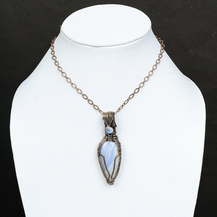 Blue Lace Agate, Moonstone Copper Wire Wrap Jewelry Pendant 2.76" P7a57