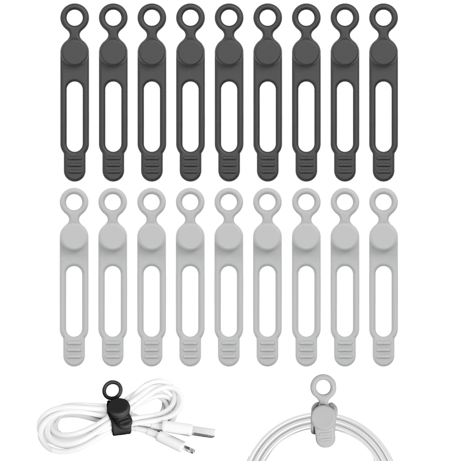

Lasocy Cable Clips, Silicone Cable Ties, Multi-Function Cable Ties for Earphone Cords and Wire Organization, Black and Gray, Pack of 18