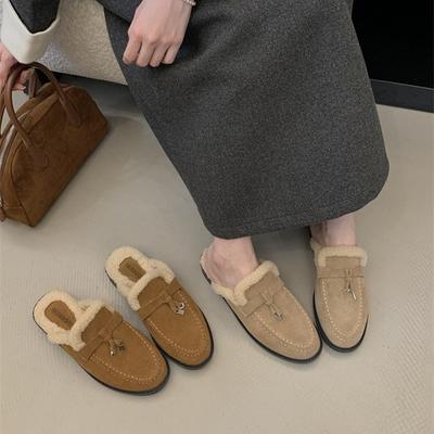 2025 Autumn and Winter New Bag Head Thick Heel Fluffy Shoes Women Wear Warm and Plush Comfortable Versatile Slippers
