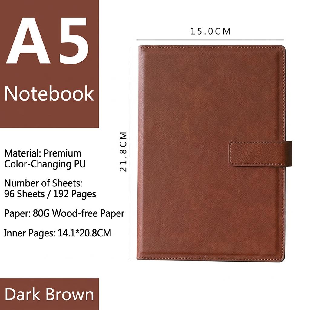 SYC Business Notebook Personalized Notepad Magnetic Snap PU Leather Cover Vintage Diary Office Stationery Meeting Book (Brown,192 Pages&A5)
