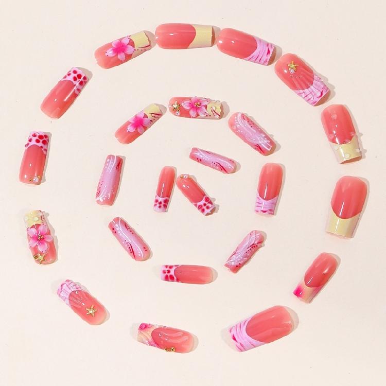 Photo Ready Press On False Nail Set, Pink French Floral Beads Art Detail with 24Pieces, 12 Inclusive Size, and Glossy Finish