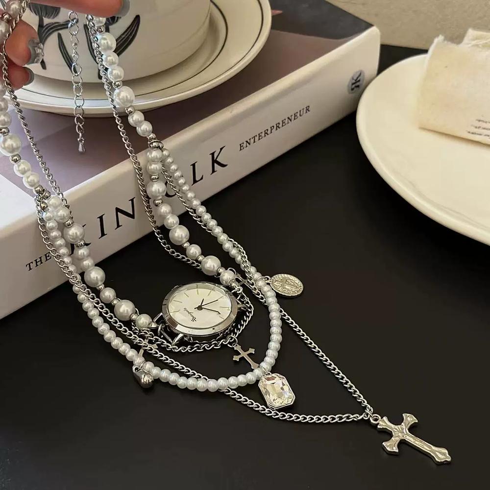 Fashion Multi-Layer Pearl Cross Watch Necklace Women's Tassel Rhinestone Personalized Retro Necklace Trendy Jewelry Accessories