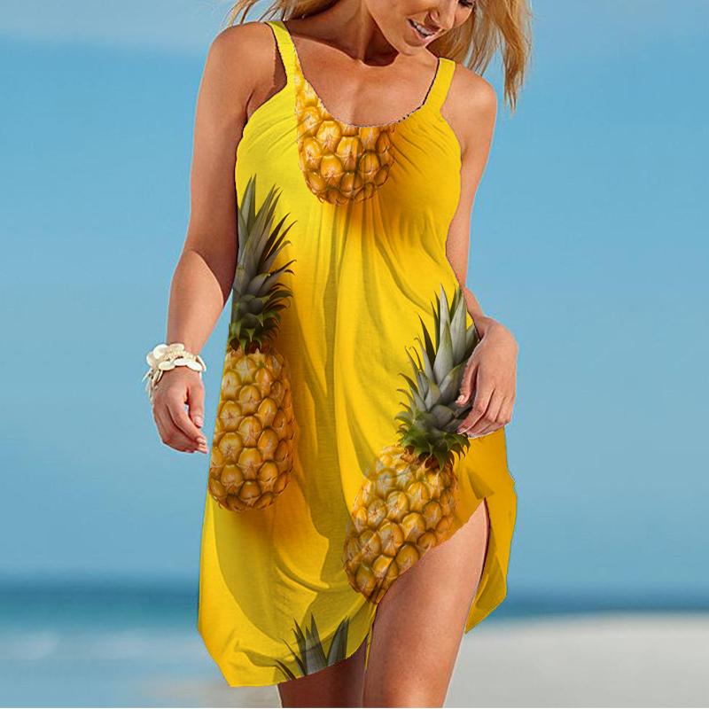 Rochie cu bretele nouă de vară pentru doamne cu imprimeu 3D ananas Rochie camisolă pentru doamne Rochie cu bretele casual la modă pentru doamne