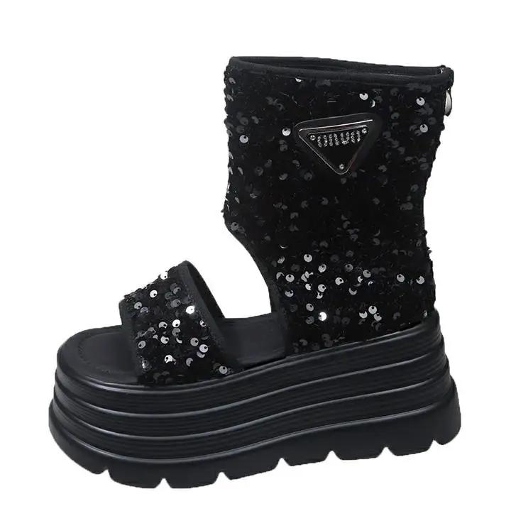 Fashion 8CM Hollow Platform Flats Sandals Women Bling Punk Shoes Casual Summer Boots Designer Loafers Trend Sport ZIP Sandalias Mujer