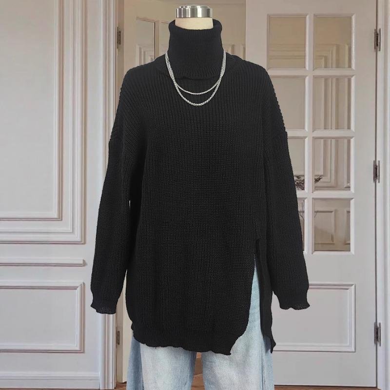 Slit Mid-length Top European American Women's High-neck Lapel Loose Pullover Sweater