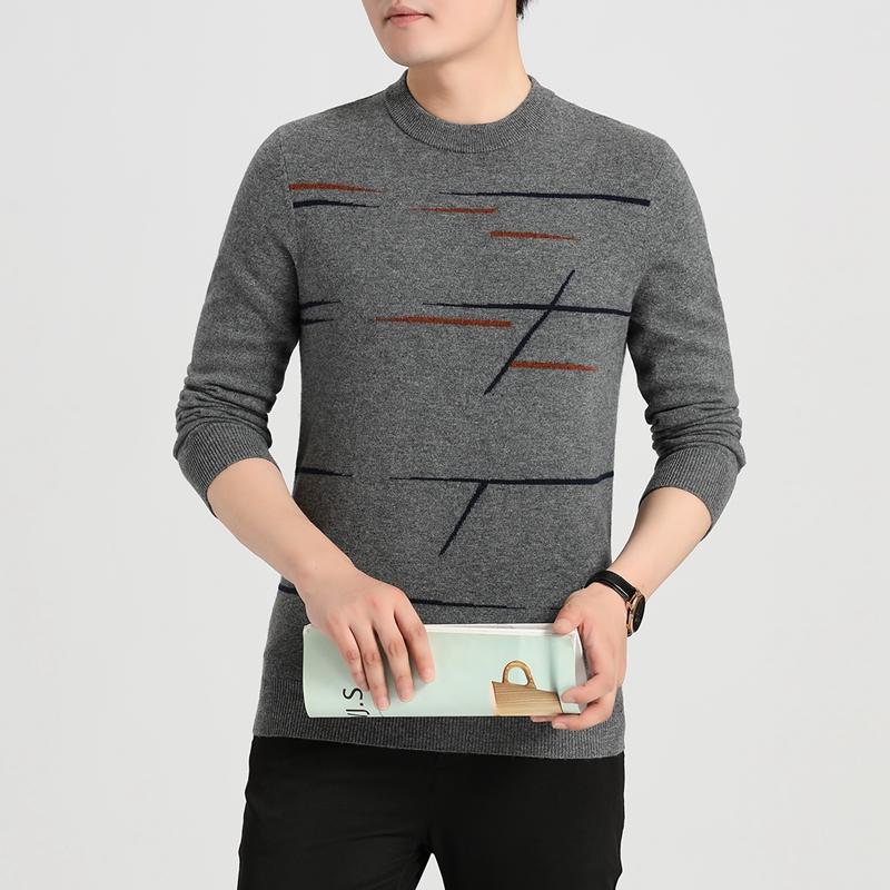 Autumn and Winter Double-layer Round Neck Irregular Contrasting Jacquard Cotton Wool 100% Men's Wool Sweater