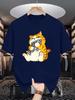 Unisex Crew Neck Tee Tabby Cat Catch Fish Cartoon Print Soft Cotton Loose Breathable Short Sleeve Summer Casual Street Daily Tops