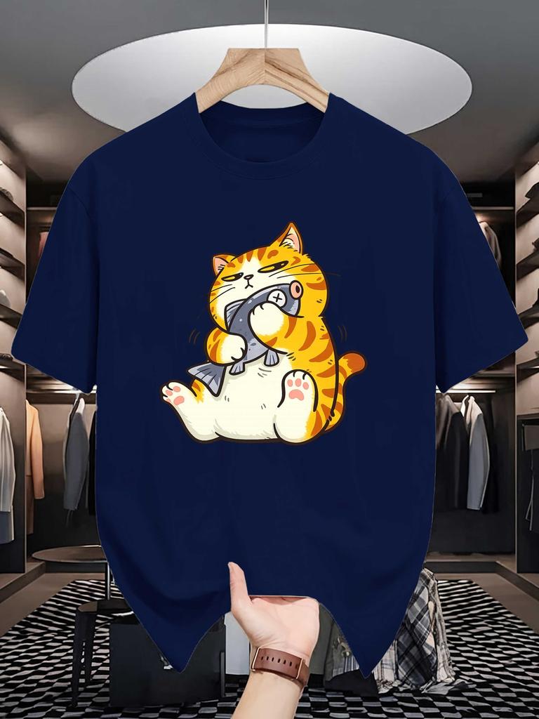 Unisex Crew Neck Tee Tabby Cat Catch Fish Cartoon Print Soft Cotton Loose Breathable Short Sleeve Summer Casual Street Daily Tops