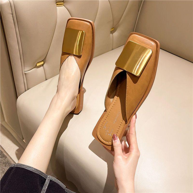 Square Toe Mules Shoes for Women Low Heel Woman Slippers Original New Fashion Slides On Offer Slip-resistant Easy Wears Sandals