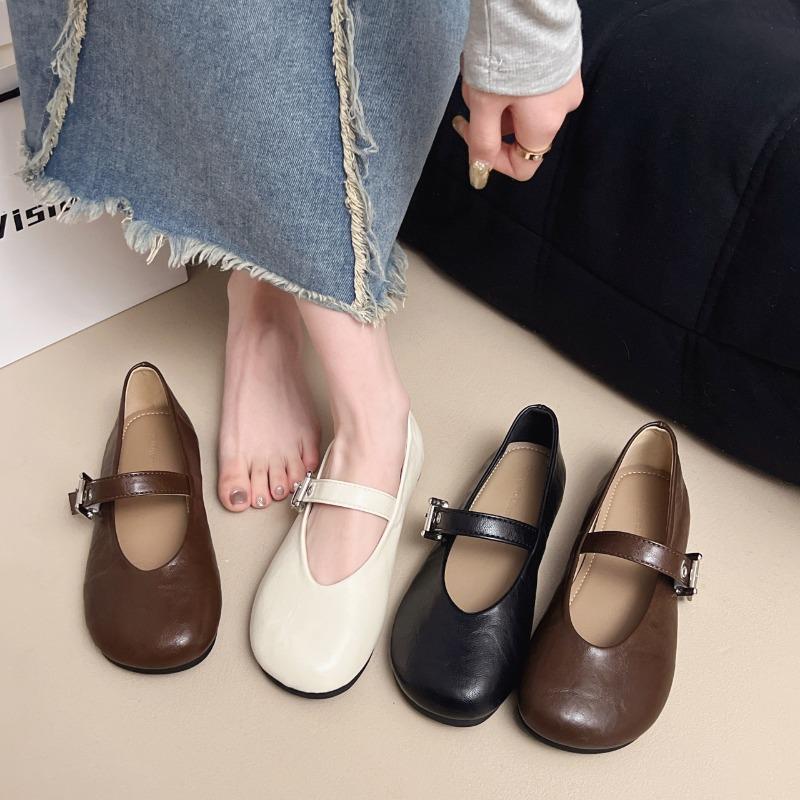 Retro flat-bottomed Mary Jane single shoes women's shoes new spring shallow mouth round head one-word buckle belt