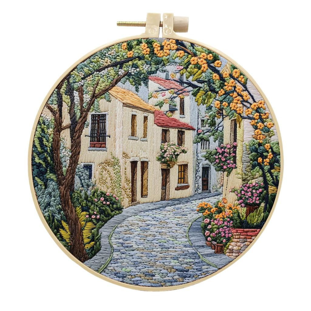 1pc House and Tree Landscape Embroidery DIY Fabric Craft Kit with Tools