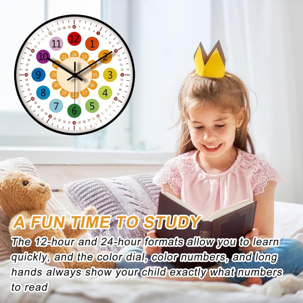 Wall Clock for Children Silent Modern Learning Clock 12 Inch Non-Ticking Design for Boys Girls Bedroom Kitchen Living Room
