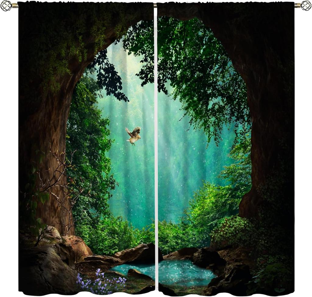 Fantasy Forest Blackout Curtains Mysterious Jungle Forest Round Door Pink Rose Pattern Living Room Curtains Kitchen Bedroom