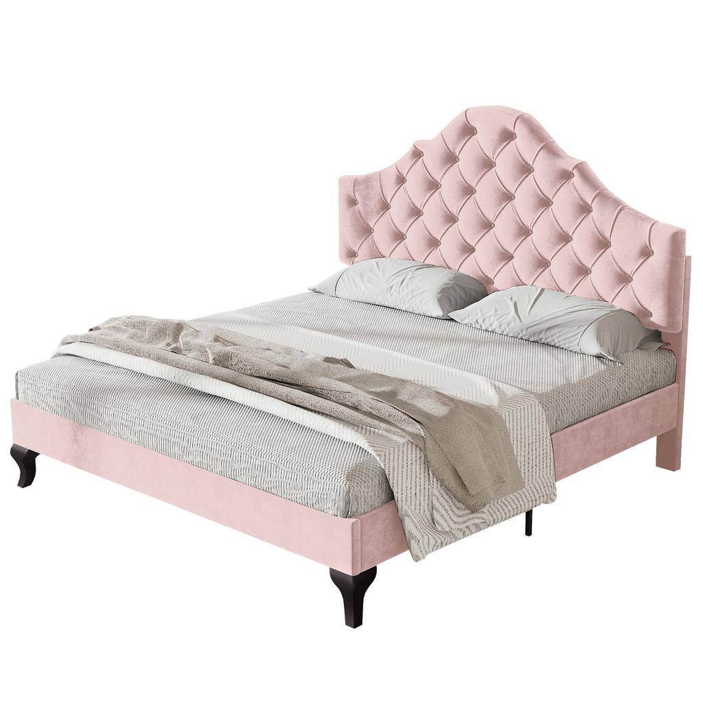 Upholstered Bed 140*200 with Slatted Frame, Height-Adjustable Headboard, for Adults & Teenagers, Wooden Slat Support, Easy Assembly, Velvet, Pink