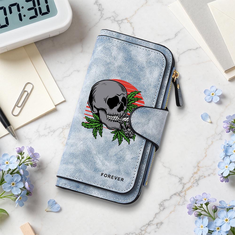 Gothic Skull Print Long Wallet Fashion PU Leather Card Holder Portable Daily Use Purse