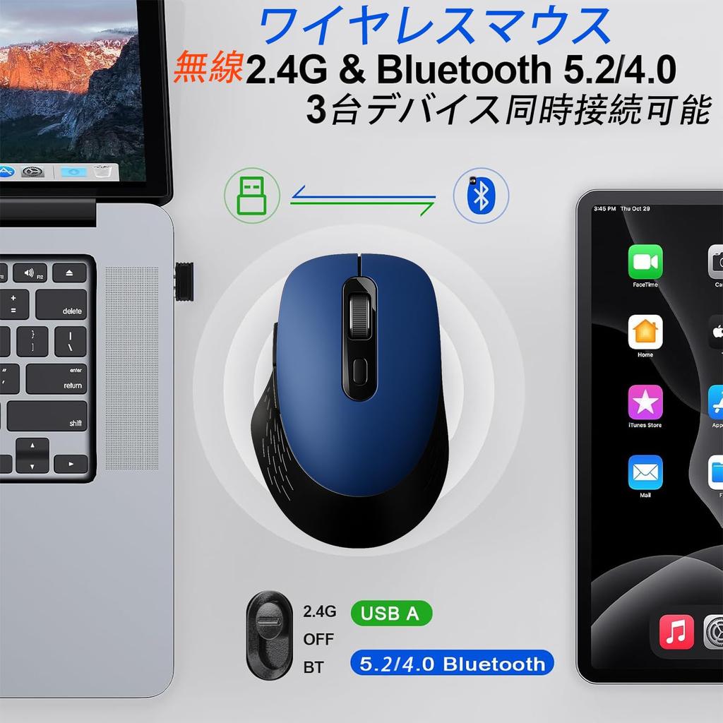 Wireless Mouse, Bluetooth 5.2 + 2.4GHz, Quiet, Type-C Rechargeable, Compact, BackForward Buttons, 6 Buttons, 5 DPI Switching, 4000 DPI, Supports 3