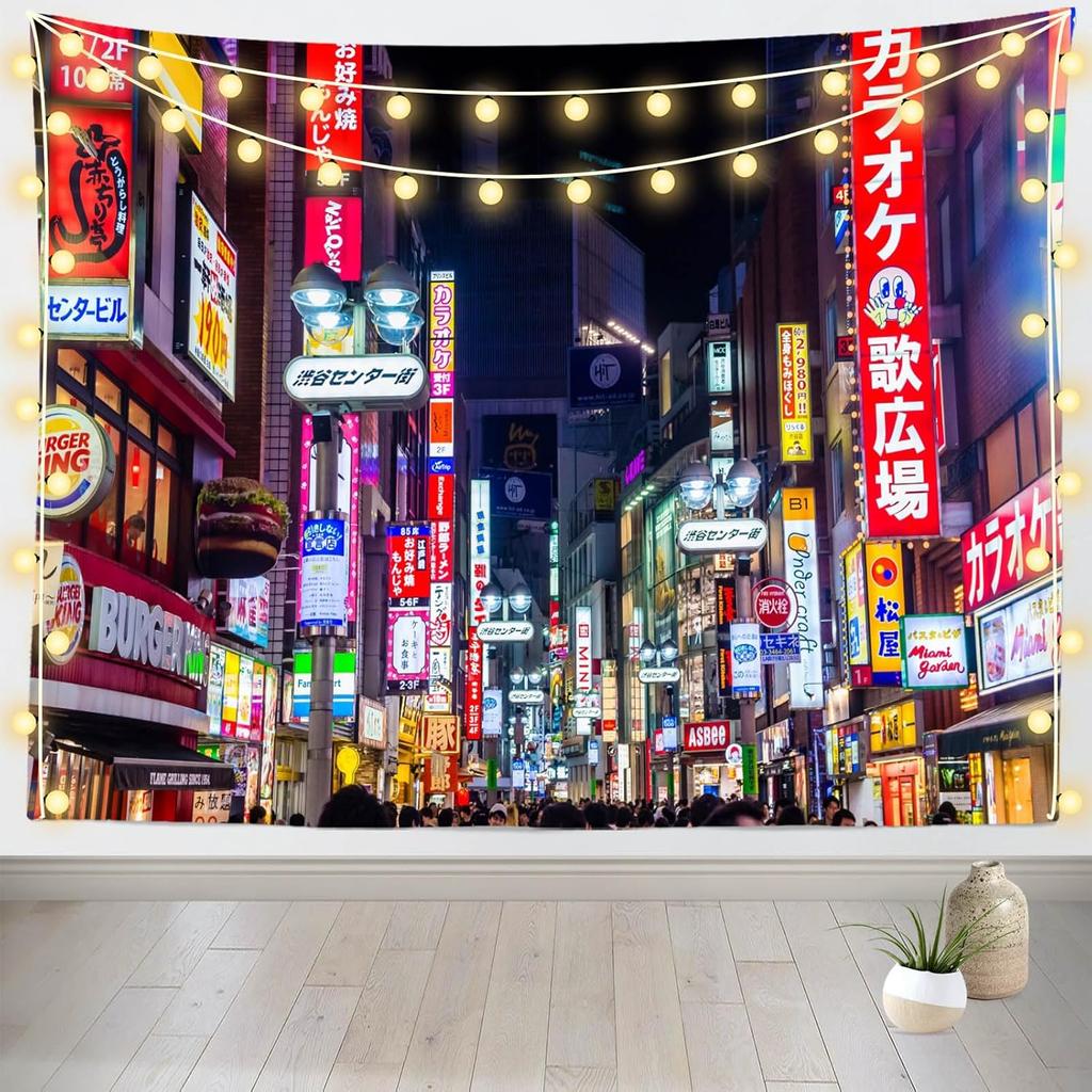 Tokyo City Night Scene Tapestry Anime Street Lights Poster Living Room Decor Wall Art Hanging Curtain