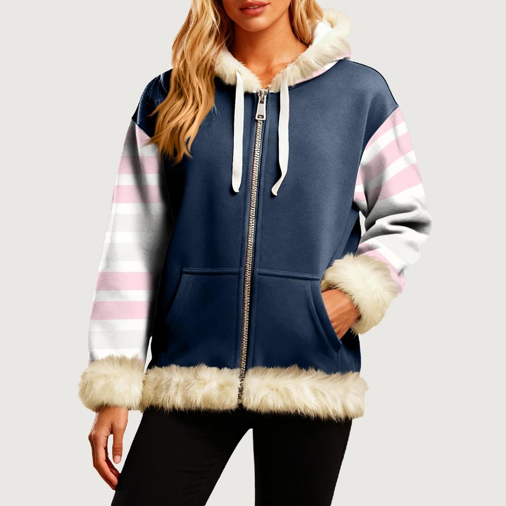 Women's Comfortable Loose Fashion Casual Striped Print Long Sleeve Pockets Hooded Sweatshirt Jacket
