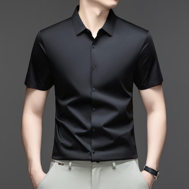 Men's White Ice Silk Seamless Short Sleeve Dress Shirt For Business And Casual Wear