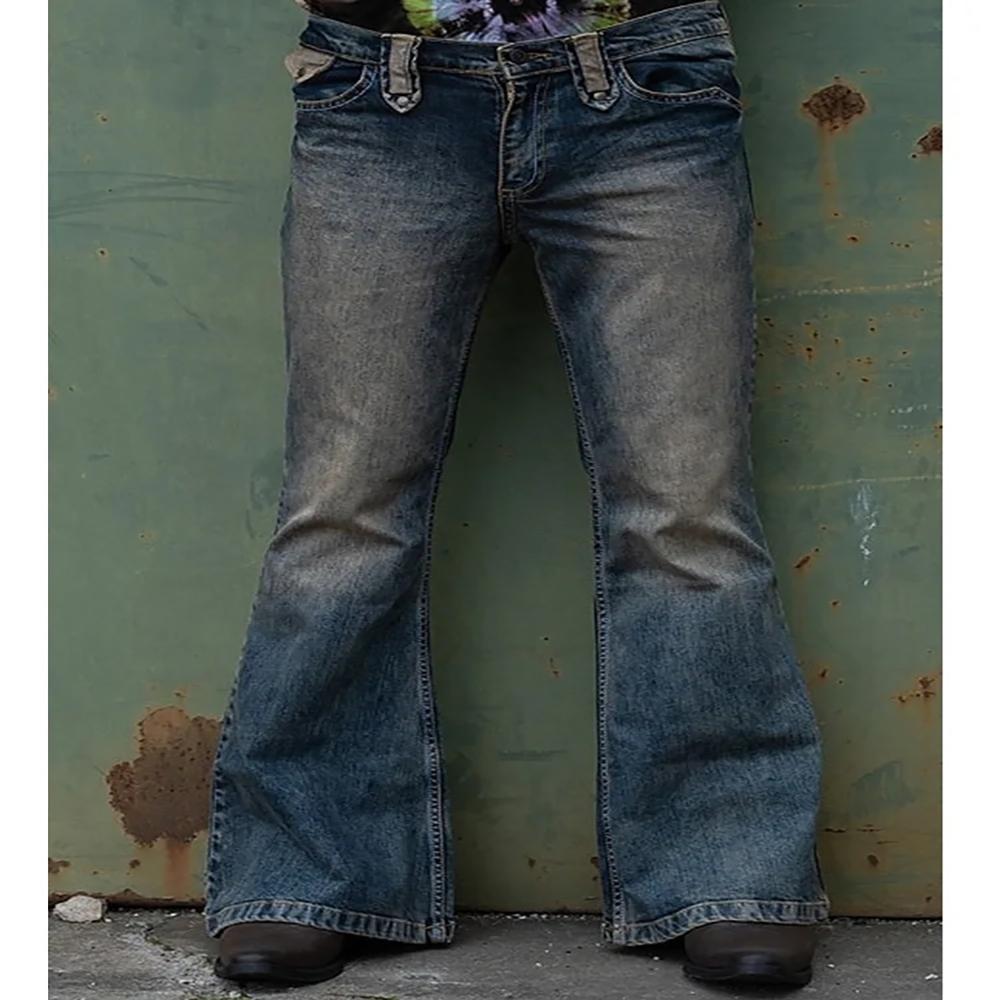 Punk Stlye Men Flared Baggy Jeans Bootcut Leg Distressed Patchwork Denim Pants Designer Bell Bottom Trousers S синий