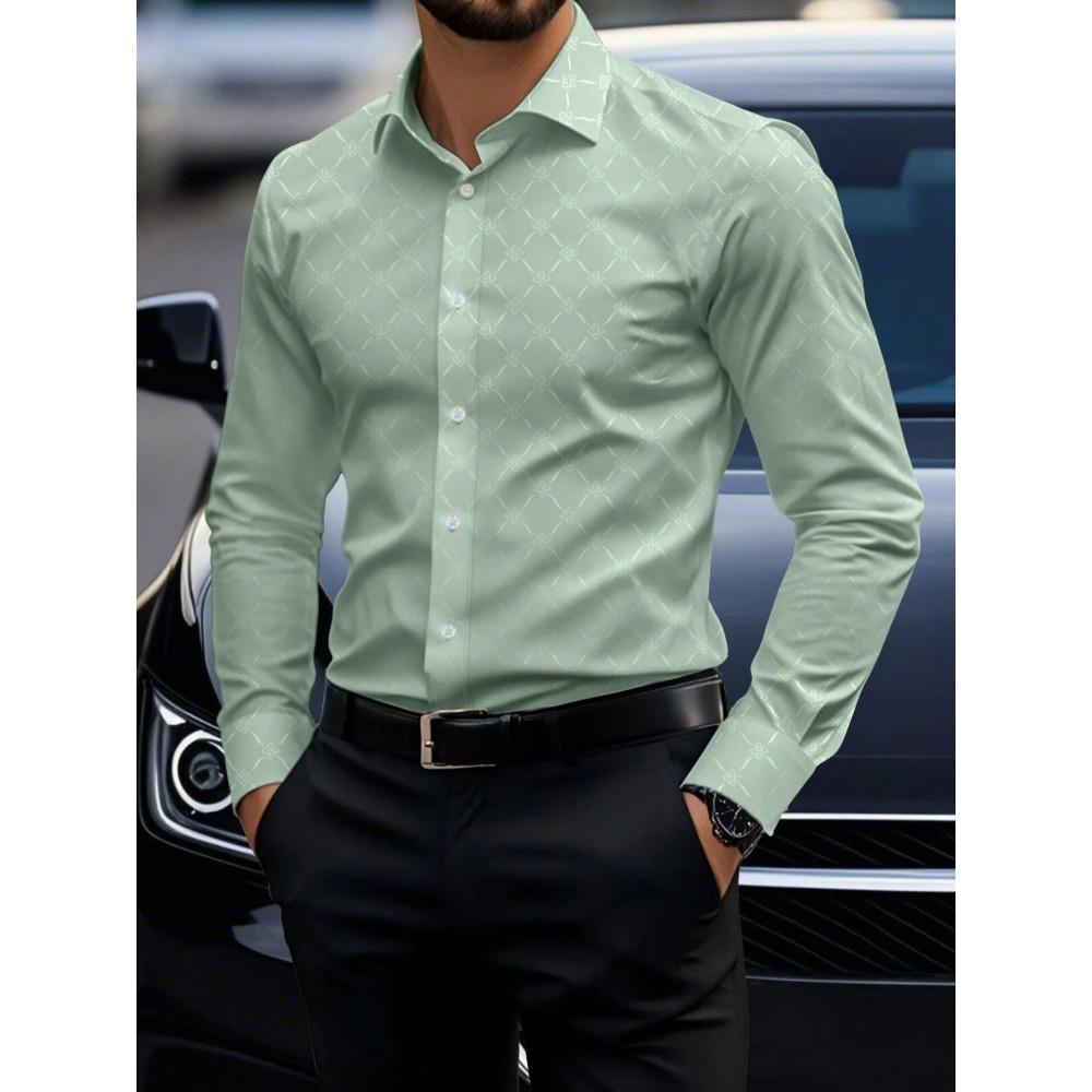 Light Luxury Dark Patterned Diamond Shaped Men's Shirt, Silky Slim Fit Shirt, European and American High-end Dark Printed Shirt