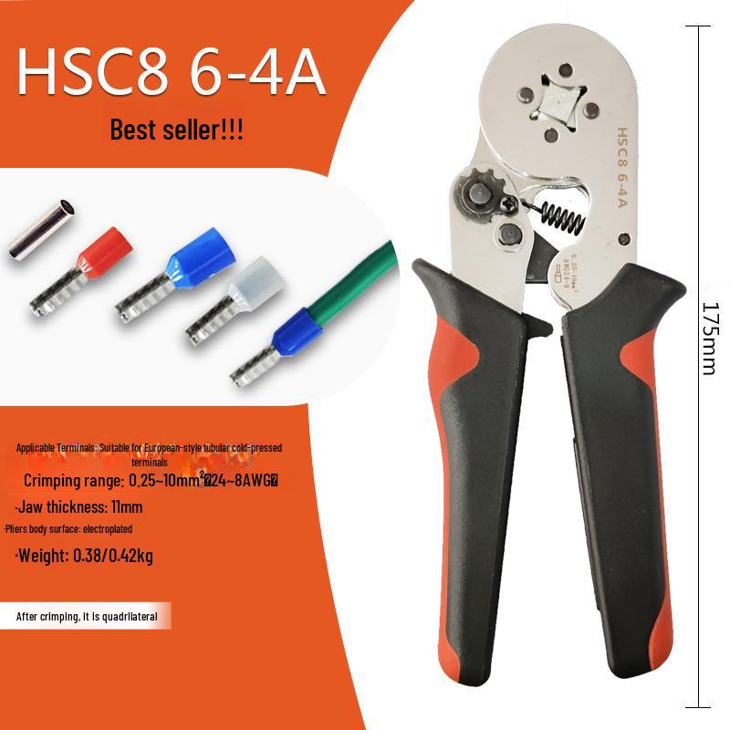 HSC8 6-4A Self-Adjusting Crimping Tool for VE Tube Terminals, 0.25-10mm Range, Quadrilateral Crimping.